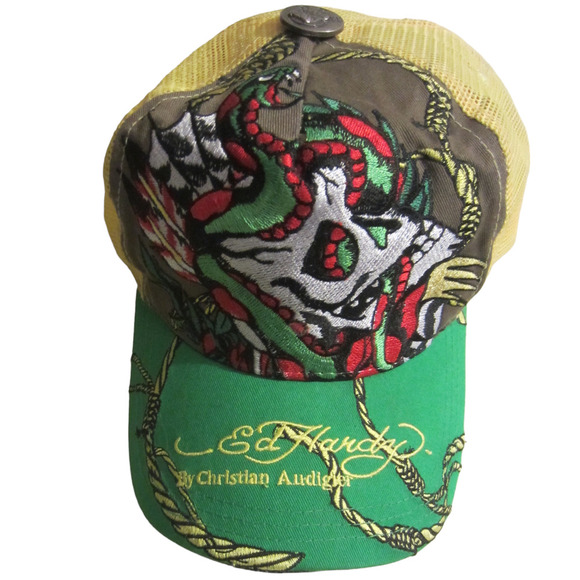 Ed Hardy Other - Ed Hardy by Christian Audigier Green Yellow Skull Adjustable Trucker Hat Y2K